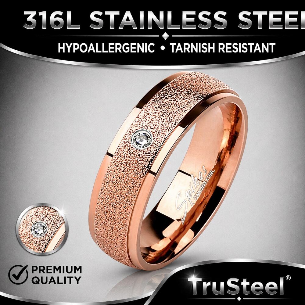 Sand Blast Center with Clear CZ Rose Gold‎ IP Stainless Steel Ring Size 9